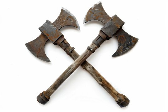 Historical battle axes crossed on rustic wooden handles against a simple white background, showcasing craftsmanship and ancient weaponry isolated on transparent background - Powered by Adobe