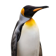 Fototapeta premium King penguin isolated on white background. Majestic bird with black and white plumage, perfect for wildlife themes, educational materials, or nature projects. Clean, professional presentation