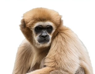 Lar gibbon isolated on white background. Playful primate with long arms, ideal for wildlife projects, zoology, or educational content. High-quality image with clean, professional presentation.