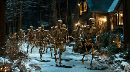 Skeletons Running Through Snowy Winter Night