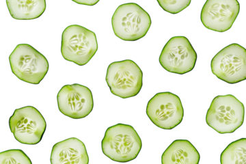 Freshly sliced cucumbers arranged neatly on a clean white surface, showcasing their intricate seed patterns and vibrant green edges isolated on transparent background