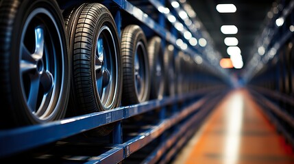 Obraz premium mend the tires In a service facility or auto repair shop, inspect the state of the new tires that are available for replacement. 