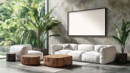 Modern Living Room Interior with Blank Canvas Mockup