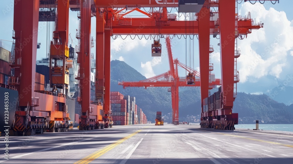 Poster container port cranes loading cargo ships