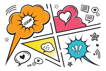 Colorful speech bubbles, comic book style, flat design, various shapes, orange, blue, pink, yellow, black, white background, playful, dynamic, communication icons, chat symbols, hand-drawn elements, c