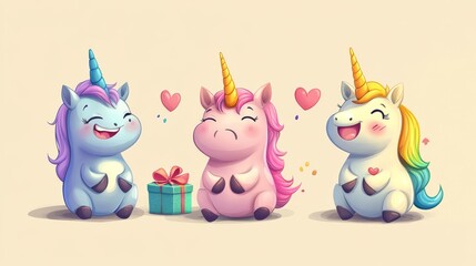 Naklejka premium Cartoon set of cute unicorn isolated on background. Vector illustration of magic pony character with horn, colorful mane and different emotions. Sweet animal happy, smiling, sad, surprised by gift box