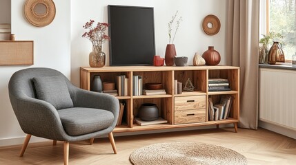 Modern Living Room Interior with Wooden Cabinet, Armchair, and Decor