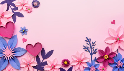 Fototapeta premium Colorful paper flowers and hearts on pink background