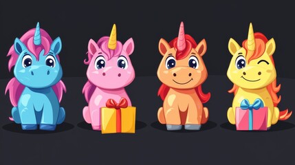Naklejka premium Cartoon set of cute unicorn isolated on background. Vector illustration of magic pony character with horn, colorful mane and different emotions. Sweet animal happy, smiling, sad, surprised by gift box