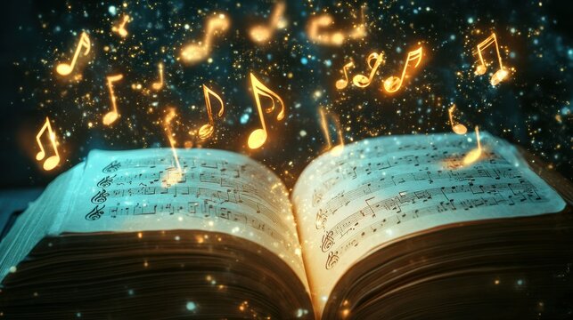Magical musical book with glowing notes and sparkling background