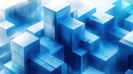 abstract composition made in cold blue tones. It is a structure of geometric blocks resembling buildings or cubes, of different heights and textures.  