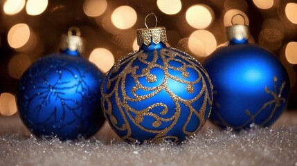 Blue Christmas Ornaments with Bokeh Lights
