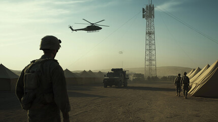 A communication tower rising above the desert military base, with helicopters flying overhead, vehicles parked strategically, and soldiers walking between the tents.