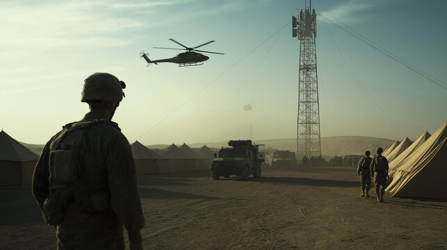 A communication tower rising above the desert military base, with helicopters flying overhead, vehicles parked strategically, and soldiers walking between the tents.