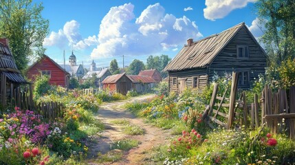 Rustic Village Path Lined With Blossoming Flowers
