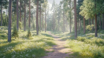 Obraz premium Sunlit Path Through a Flowery Forest