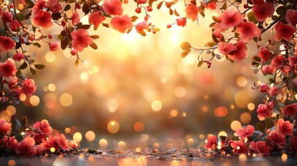 Fototapeta premium Spring blossoms frame sunset garden bokeh background