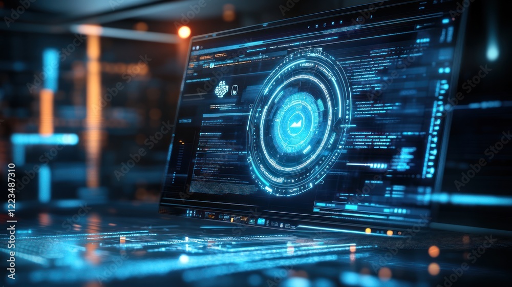 Poster Futuristic Laptop Displaying Advanced Code and Data
