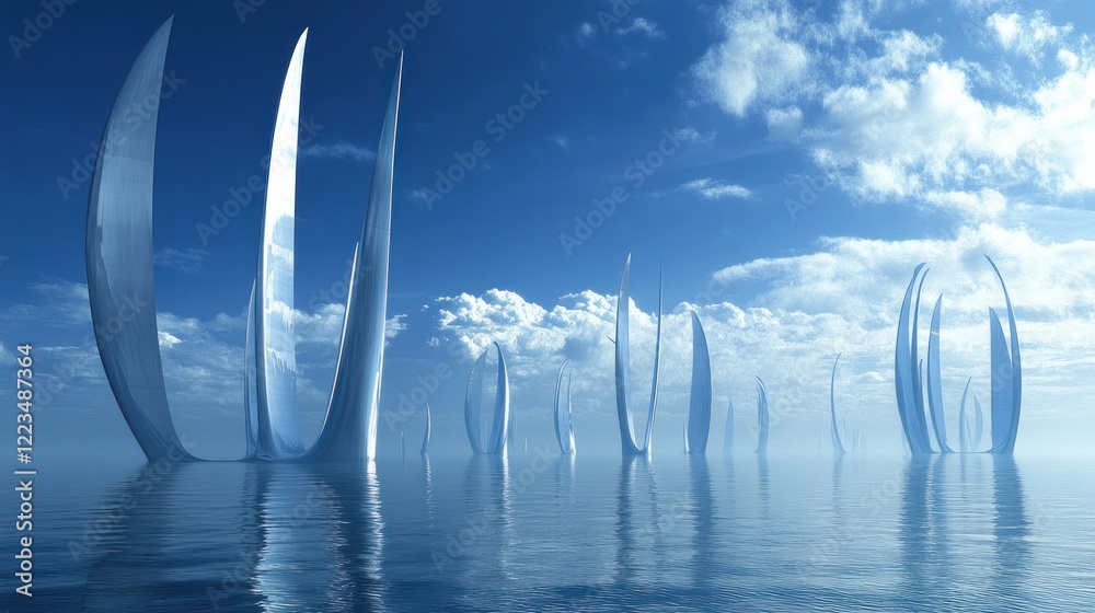 Poster futuristic sail structures rise from calm waters