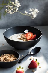A sleek black bowl of creamy yogurt topped with fresh strawberries, crunchy granola, and a delicate white flower accent.
