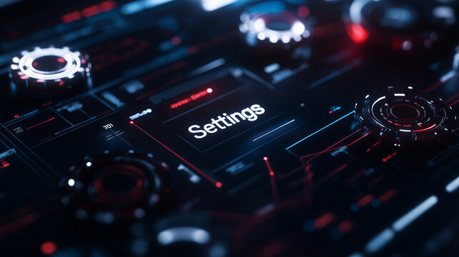 A digital interface with multiple 3D gear icons interwoven into colorful graphs and scatterplots, with "Settings" text glowing softly at the center of the screen.
