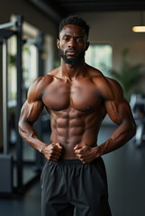 Young African American man shows off his muscular body in the gym