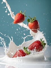 Fresh strawberries splashing in creamy milk, showcasing vibrant motion and rich texture. A creative and appetizing concept for fruit and dairy lovers.