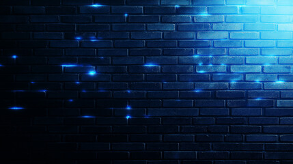 A futuristic brick wall with translucent blue digital grids overlaid, pulsating with light, representing advanced cybersecurity protection.