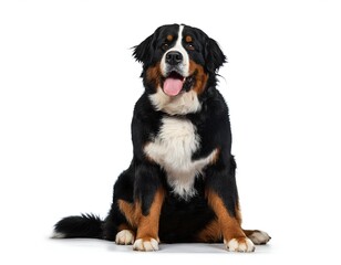 Sitting Bernese Mountain Dog panting isolated on white background. Friendly and majestic, ideal for pet-related projects or advertising. Clean, professional presentation