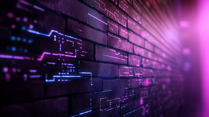 A detailed brick wall with luminous circuits glowing faintly in its structure, surrounded by swirling clouds of binary code, symbolizing IT security.
