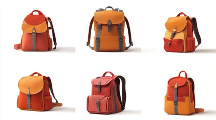 Kids school bag, backpack or rucksack with webbing, orange and red colors knapsack different angle view. Student backpack or schoolbag isolated on white background, Realistic 3d vector icons set