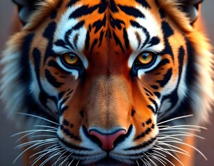 Fototapeta premium Majestic tiger portrait, intense blue eyes, vibrant orange fur, sharp black stripes, detailed whiskers, close-up facial features