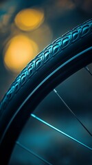 Naklejka premium A minimalist design of a bicycle wheel with intricate tire tread patterns, soft lighting accentuating the curves and lines, the background softly blurred to emphasize the wheel