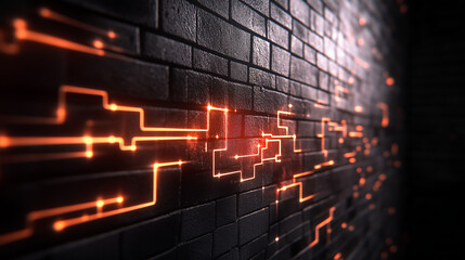 A solid brick wall lit with bright digital paths, forming an intricate web of glowing nodes and shields, symbolizing the backbone of IT firewall security.