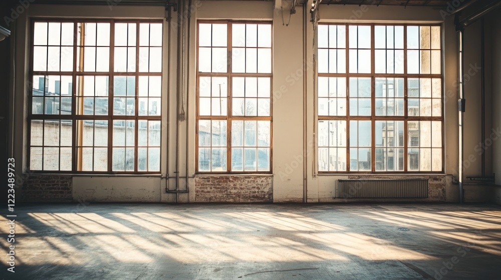 Poster Sunlight streams through large factory windows illuminating the floor