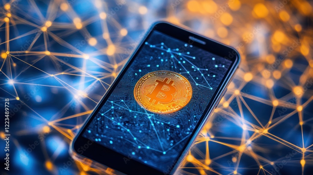 Poster smartphone displays a bitcoin cryptocurrency network