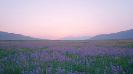 Purple wildflowers bloom across a vast mountain valley at sunset