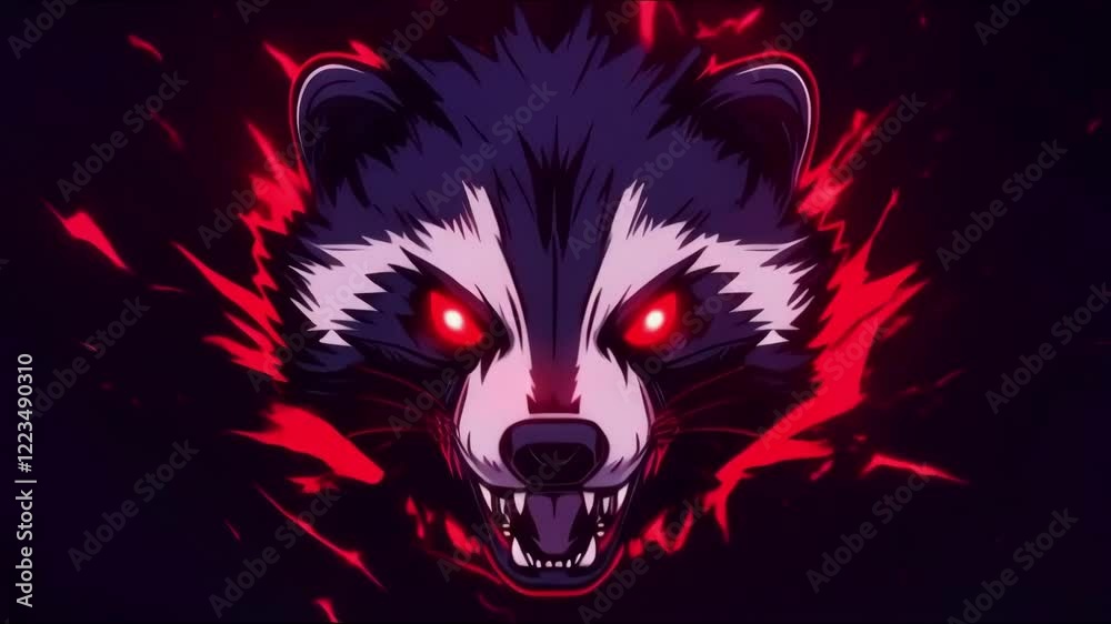Wall mural fierce stylized angry badger face with glowing red eyes emerging from a dark background with dynamic