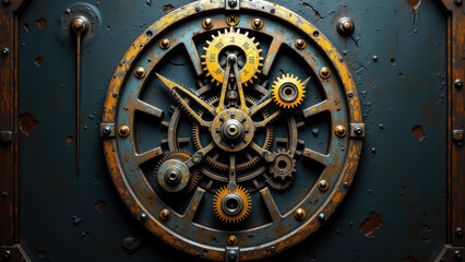 Fototapeta premium Industrial mechanical wheel in motion against rusty metal background.