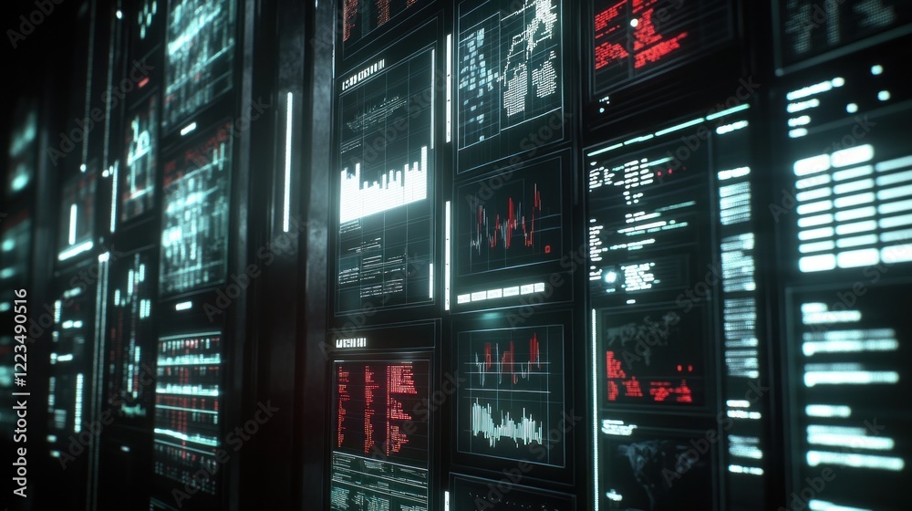 Poster Wall Of Monitors Displaying Data And Graphs