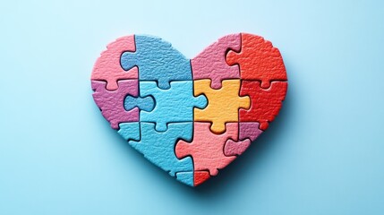 a jigsaw heart puzzle, its pieces painted in shades of red, pink, and white, resting on a vibrant blue background