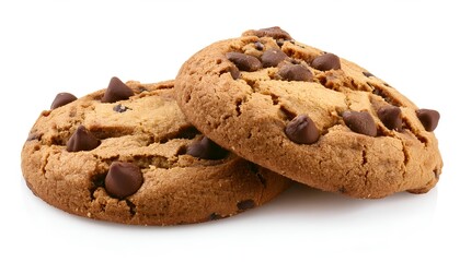 Two chocolate chip cookies isolated on white background. Sweet and indulgent, ideal for desserts, snacks, or food advertising. Clean, professional presentation for commercial use