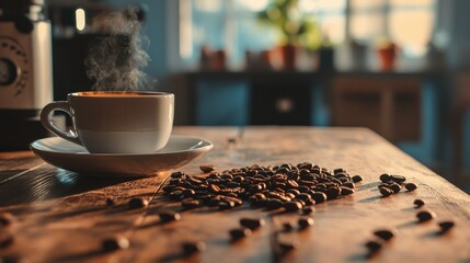 Steaming cup of coffee with coffee beans on rustic table in sunlit room