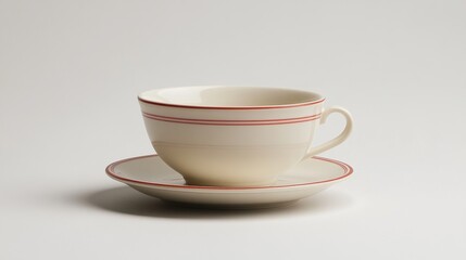 Cream Teacup and Saucer with Red Stripe Detail
