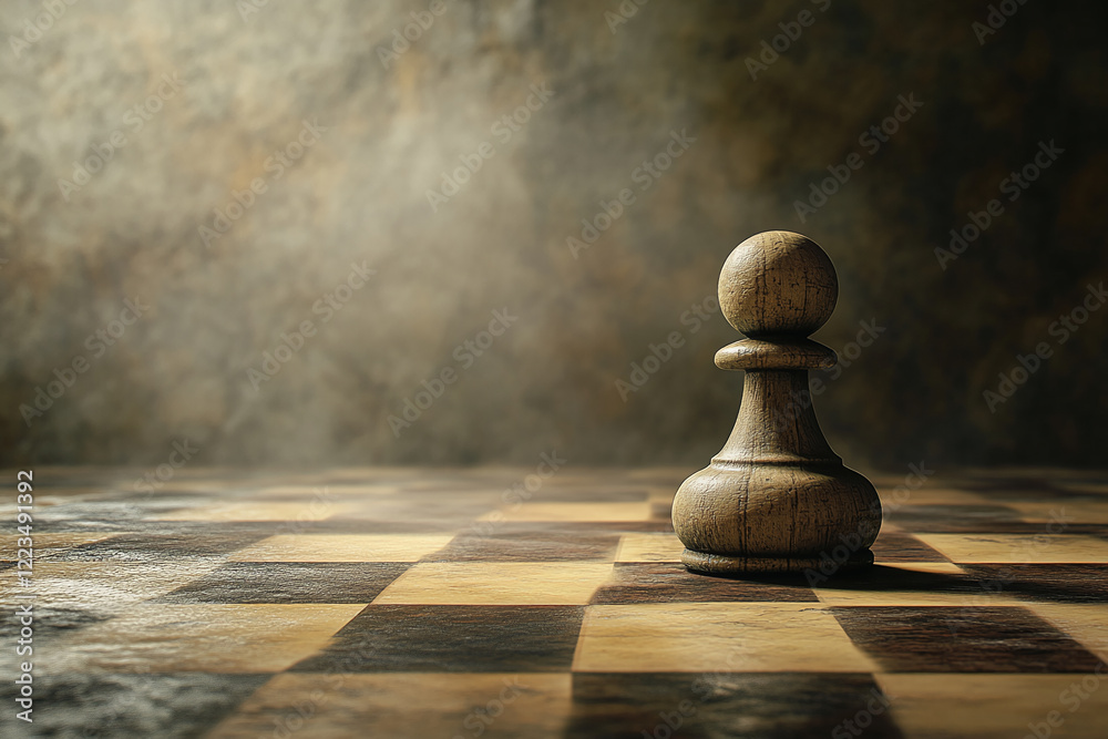 Poster close-up of a wooden chess pawn on a chessboard with soft lighting and blurred background
