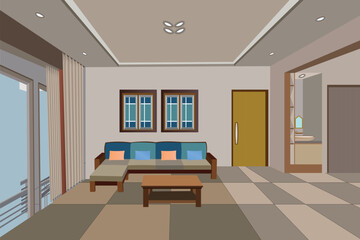 Modern living room interior design with sofa, windows, wooden door, and contemporary decor elements