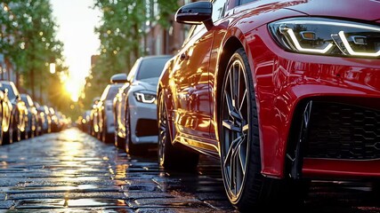 Luxury red sports car with led headlights parked on wet cobblestone street at sunset, front view detail showing reflection and premium design elements among vehicles