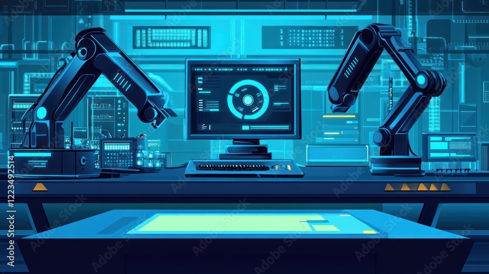 Poster Futuristic Robotic Laboratory Workstation Displaying Data