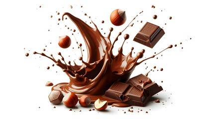 Fototapeta premium chocolate splash and hazelnuts, cocoa cacao melt splashing, isolated on a white background
