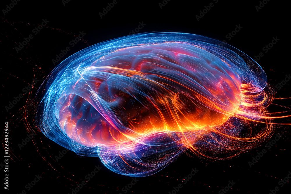 Poster abstract digital rendering of a glowing human brain with glowing colorful energy trails, concept of 